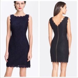 ADRIANNA PAPELL LACE OVERLAY NAVY SHEATH DRESS